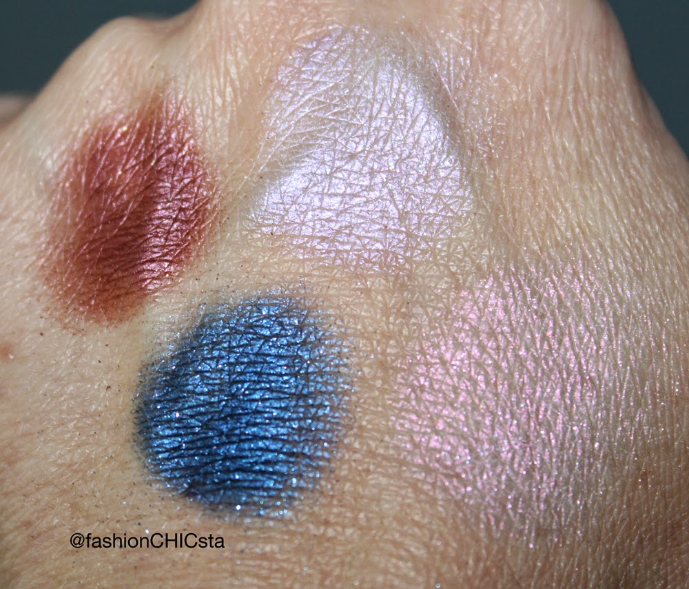Swatches of Make Up For Ever's Artist Shadow in diamond finish.