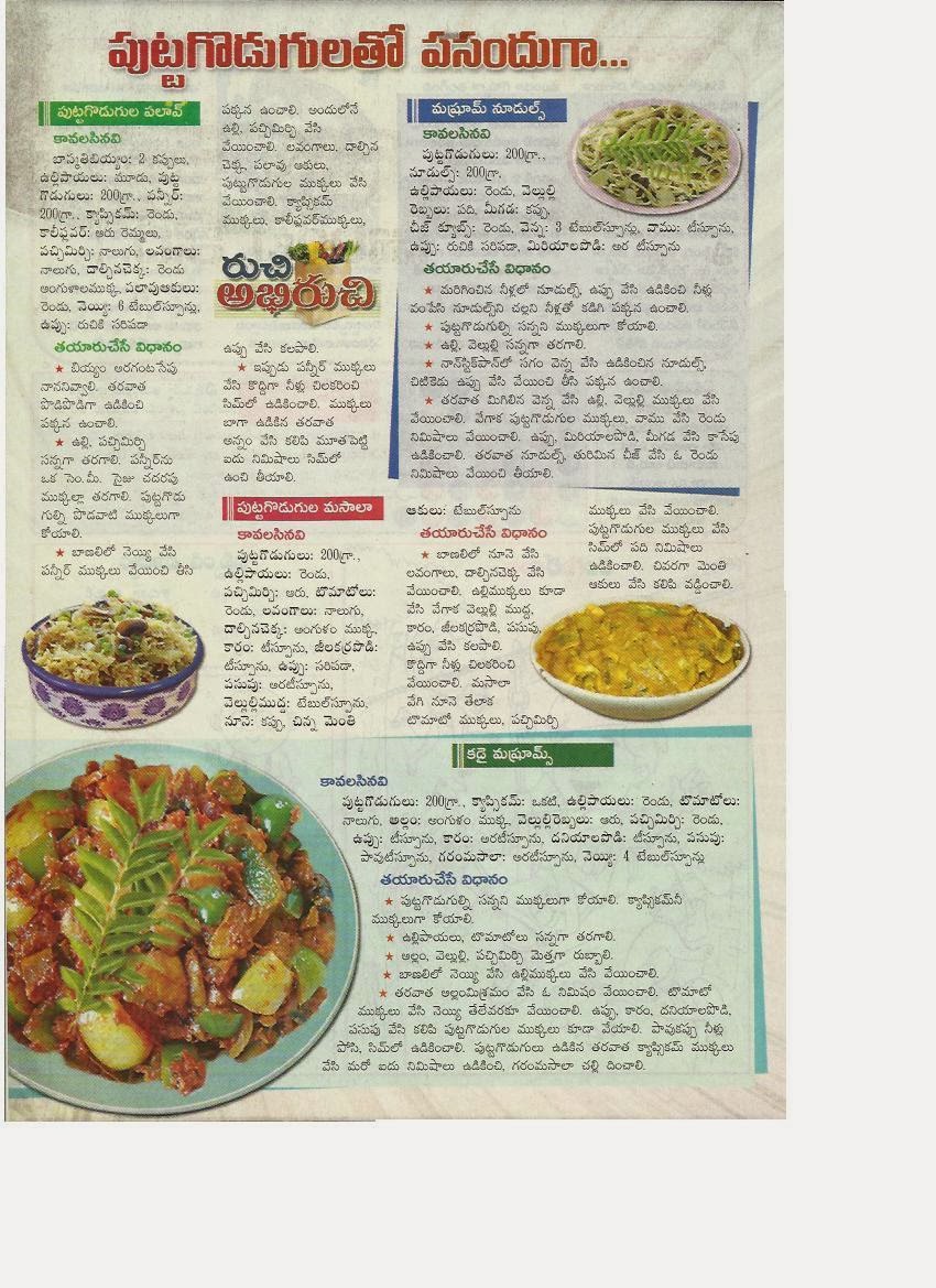 VARIOUS FOOD DISHES IN TELUGU LANGUAGE FOOD RECIPES WITH MUSHROOMS