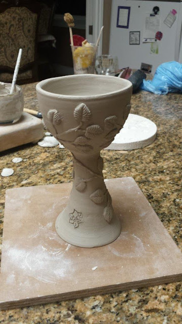 Ceramic / pottery / stoneware goblet with leaf design, in progress.