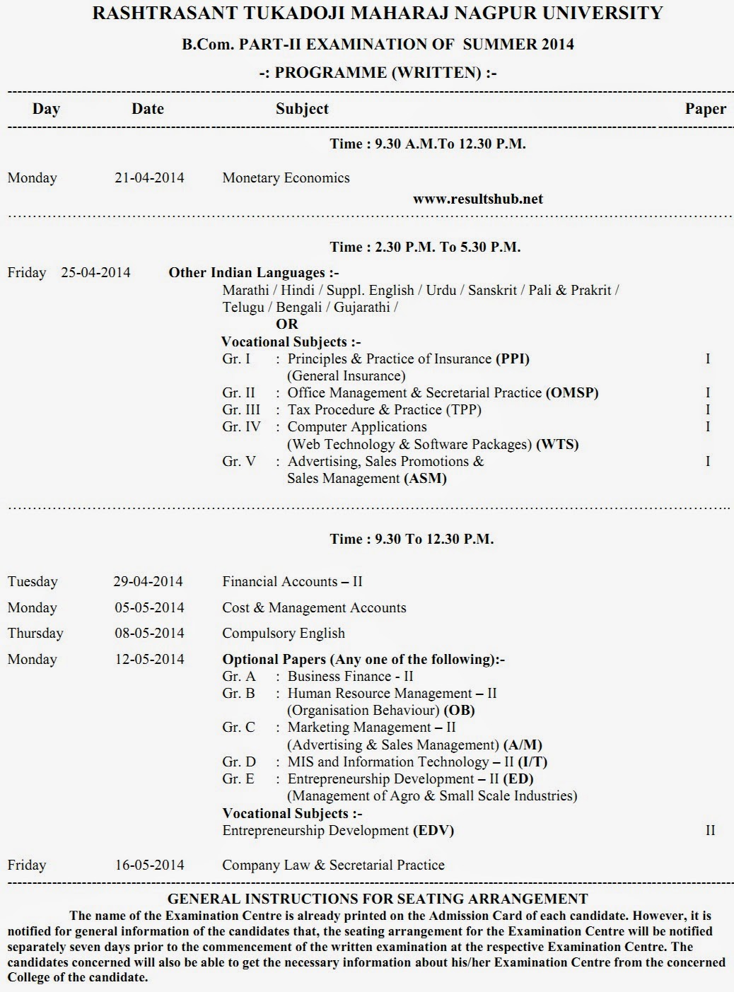 B.Com. Summer 2014 Timetable RTMNU