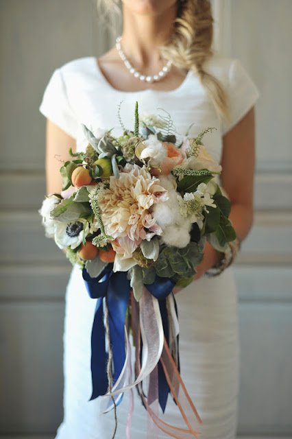 Branches Event Floral Company: Peach and Blue Bouquet- Utah wedding florist