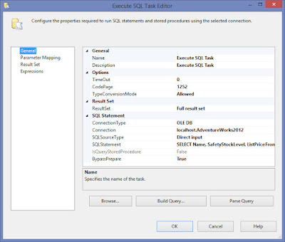 Screenshot of Execute SQL Task Editor window with "General" tab selected