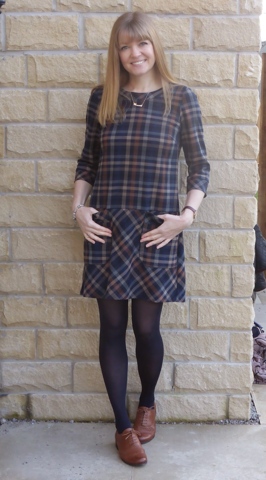 Outfit: Plaid Dress, Tan Leather Brogues and the Navy Boden