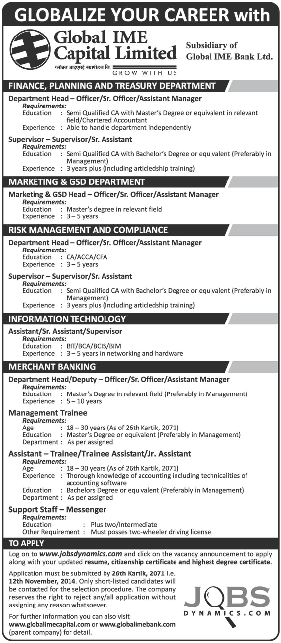 Vacancy Notice: Global IME Capital Limited, subsidiary of Global IME