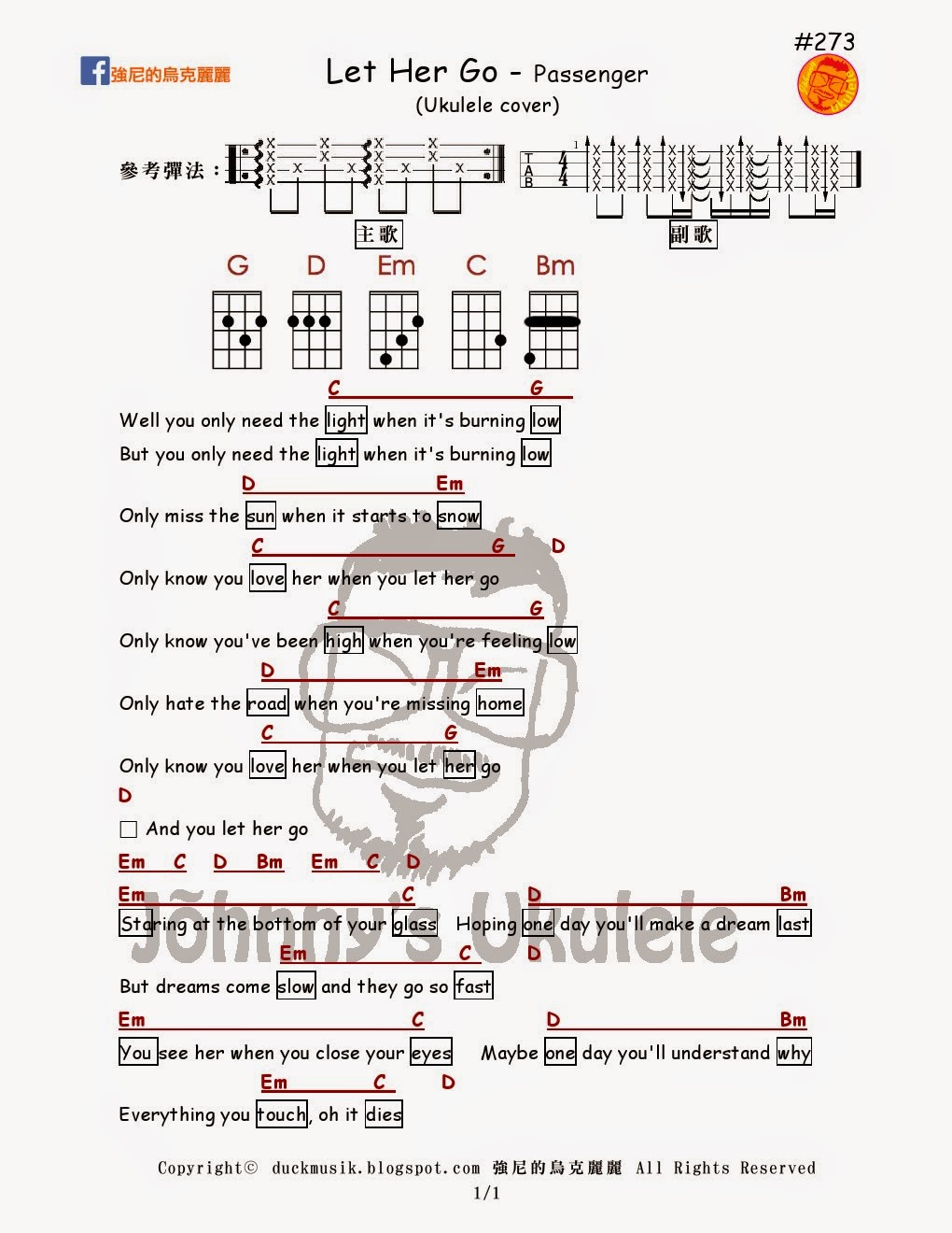 強尼的烏克麗麗 Johnny Ukulele音樂教室 273 Let Her Go Passenger 強尼的烏克麗麗譜 Johnny's Ukulele Tabs
