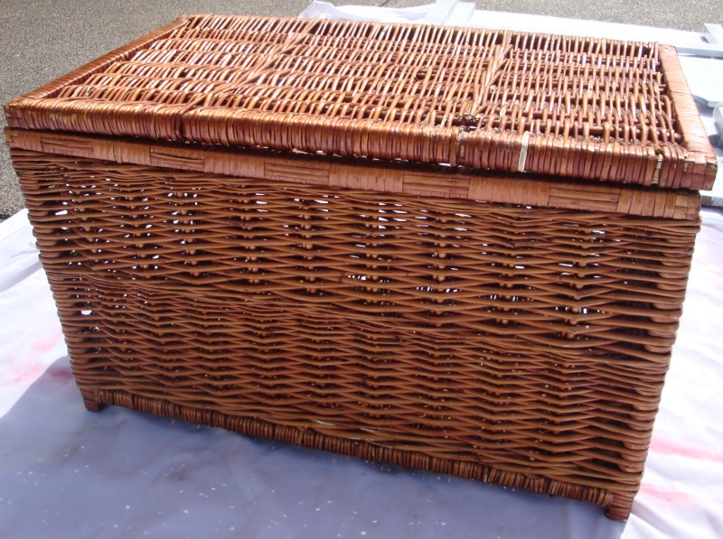 denim ottoman slipcover and a weathered wicker file basket Noble Vintage