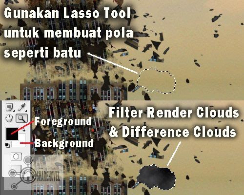 membuat pola batu menggunakan lasso tool membuat pola batu menggunakan lasso tool kemudian masuk ke menu fiter clouds dan difference clouds