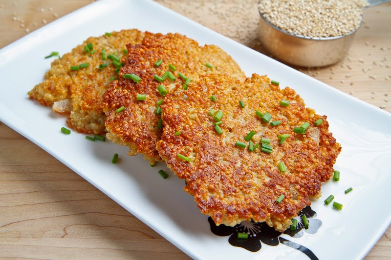 Quinoa Cakes with Roasted Red Pepper and Walnut Pesto, Goat Cheese and