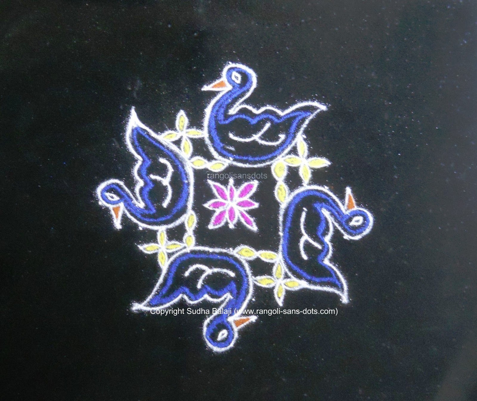 birds rangoli with dots ducks design