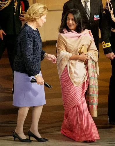 Queen Sonja of Norway (L) and daughter of The President of India Sharmistha Mukherjee attend a guided tour at the Oslo City Hall during Day-1 of the state visit from India 