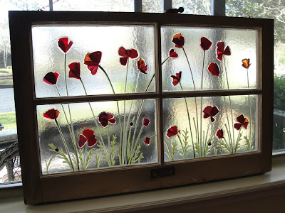 Finished fused glass Antique Recycled Window with Red Poppies and Ladybugs by flutterbybutterfly Finished fused glass Antique Recycled Window with Red Poppies and Ladybugs by flutterbybutterfly