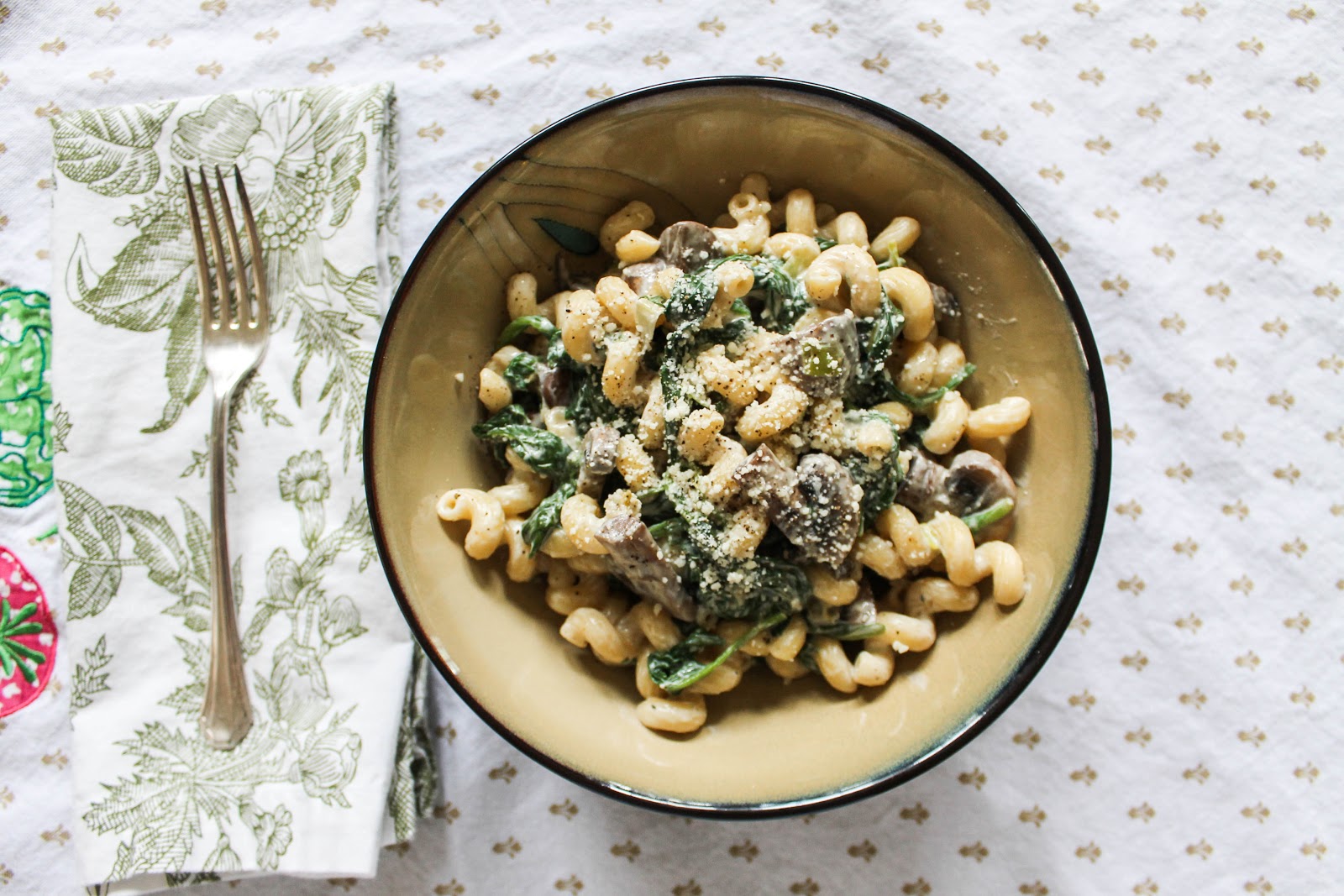 The Quixotic Table Creamy Chevre Pasta with Spinach and Mushroom