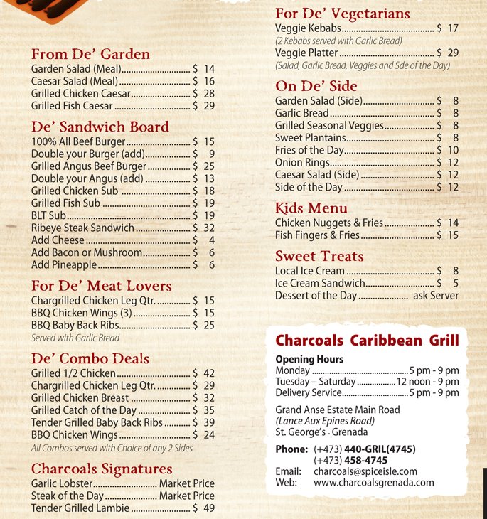 hello grenada, see you later america Charcoals Caribbean Grill Menu