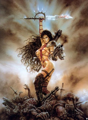 future warrior woman with sword and machine gun