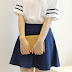 Korean White Navy Shirt + Denim High Waist Skirt