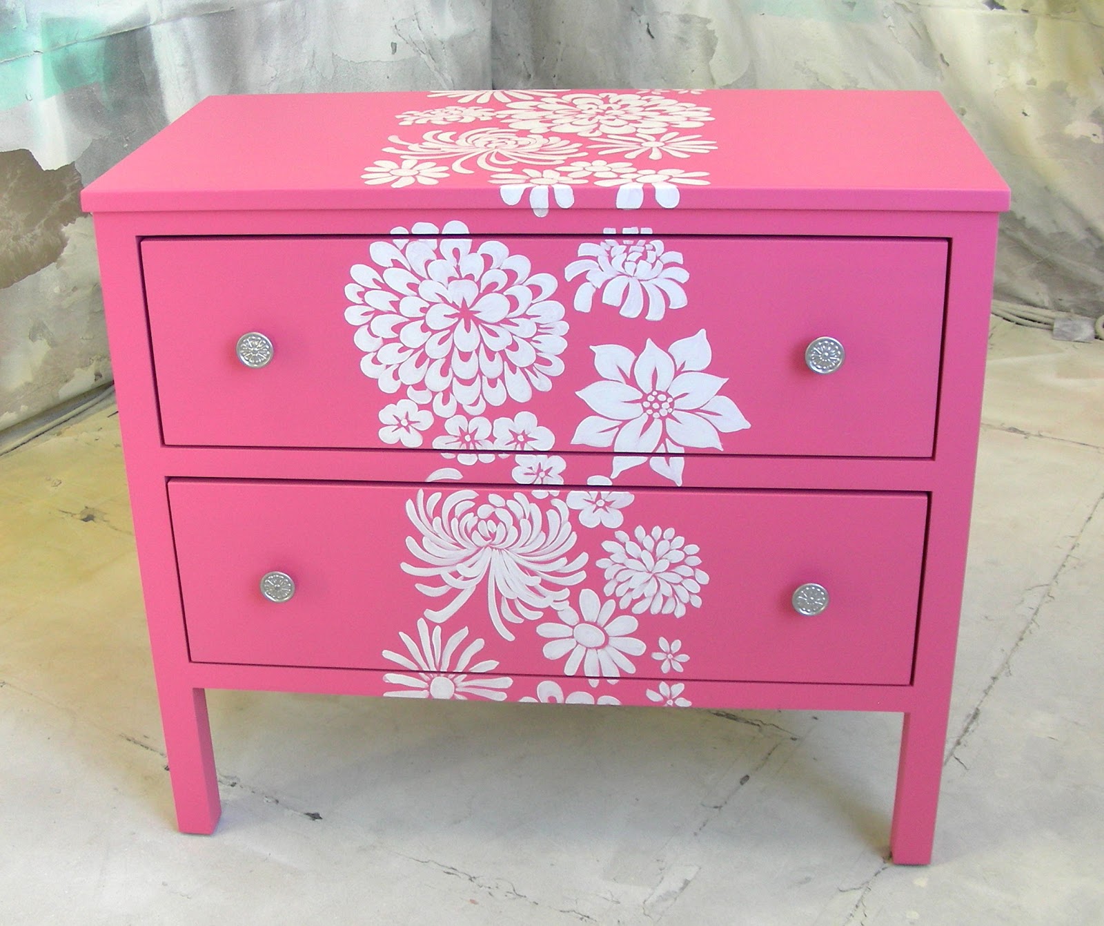Sydney Barton Painted Furniture Pink Nightstand with White Flowers