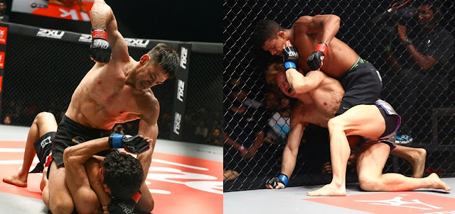 Peter Davis and Adriano Moraes dominating their opponents on the ground respectively. ONE FC 25 Age of Champions peter davis adriano