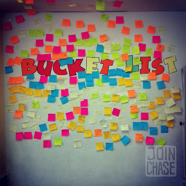A bucket list made with Post-it notes by elementary students in South Korea.