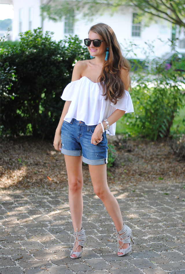 White crop top paired with denim shorts - love!