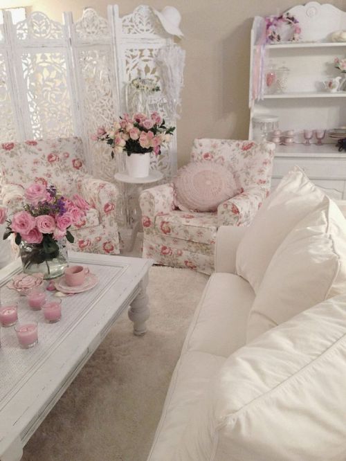 romantic and shabby chic white and pink living room
