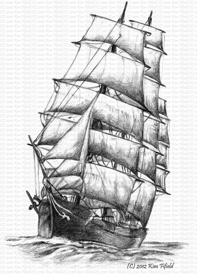 Fat Fergus Designs: Sailing Ship Windermere, pencil on paper
