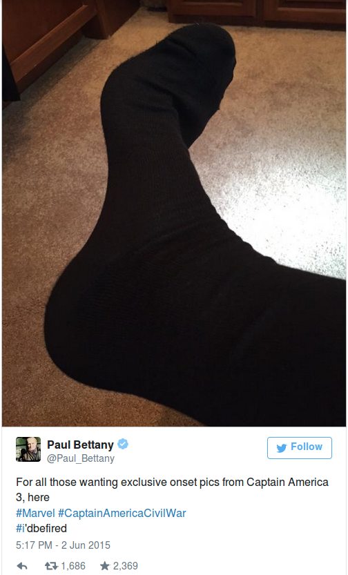 Пол Беттани показал эксклюзивное фото со съемок Гражданской Войны 2016