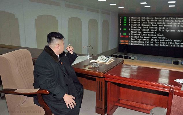 North Korean leader, Kim Jong Un, sits in front of a giant viewscreen, displaying a systemd boot error