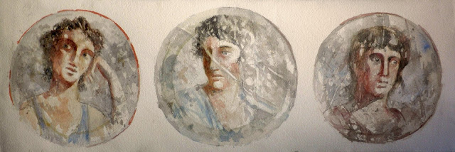 copia en acuarela de unos medallones encontrados en la casa de los amorcillos dorados, en pompeya, por josé antonio g. villarrubia