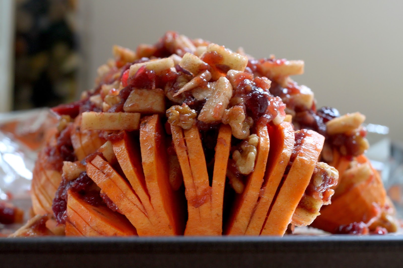 Jenessa's Dinners Hasselback Sweet Potatoes with Apple Chutney