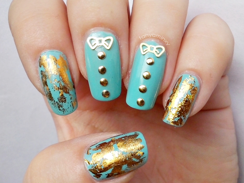 Mint & Gold Nails Born Pretty Store Round Studs Bows Foil