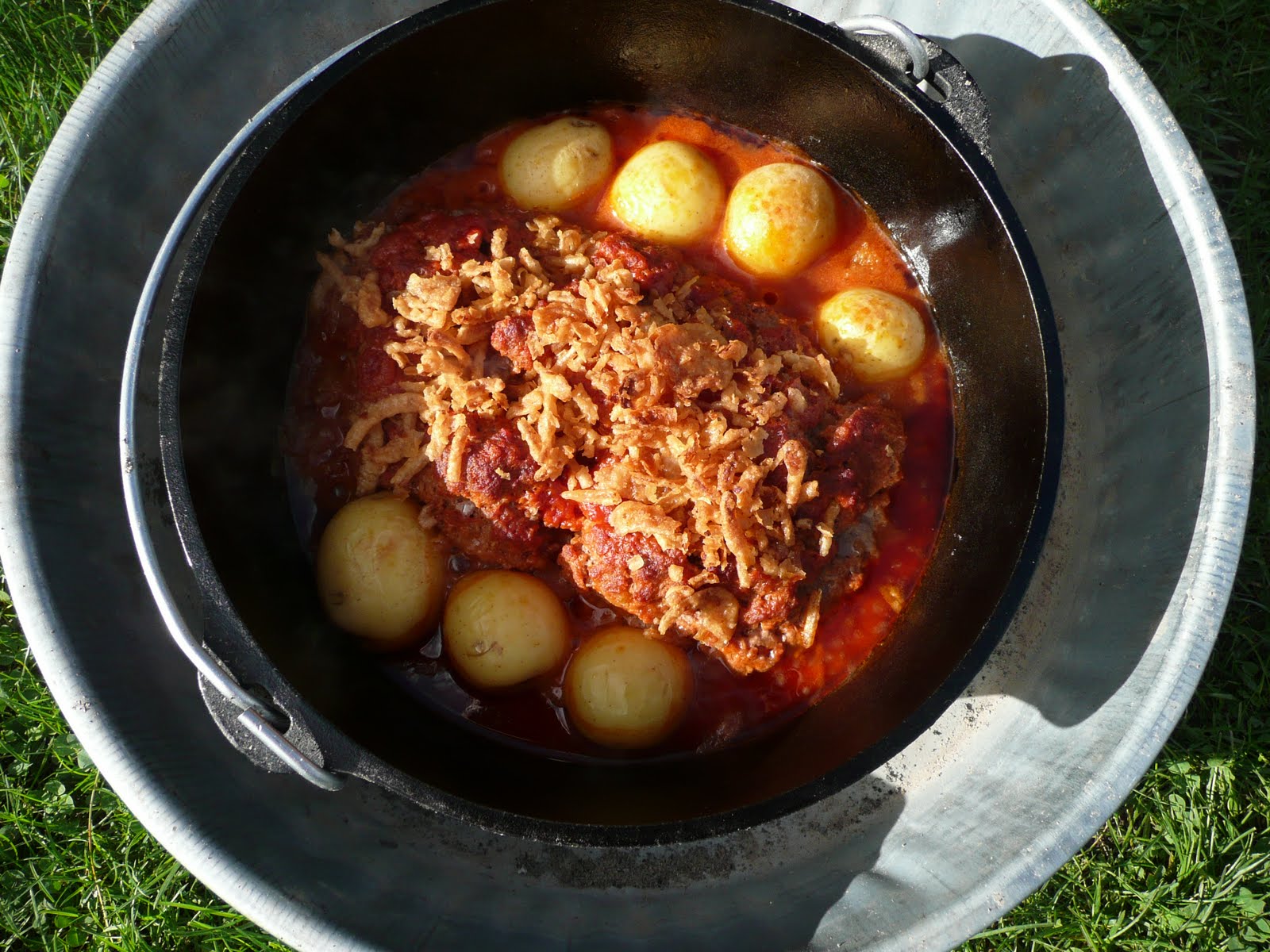 Everyday Dutch Oven Onion Crusted Meatloaf With Roasted Potatoes