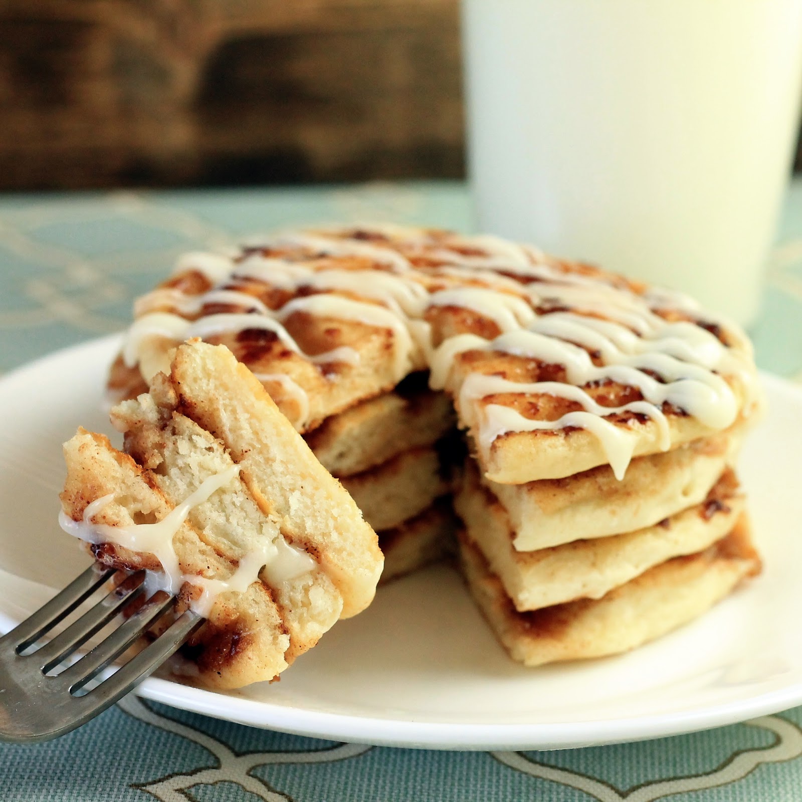 Celebrating Happy Cinnamon Roll Pancakes with Cream Cheese Syrup