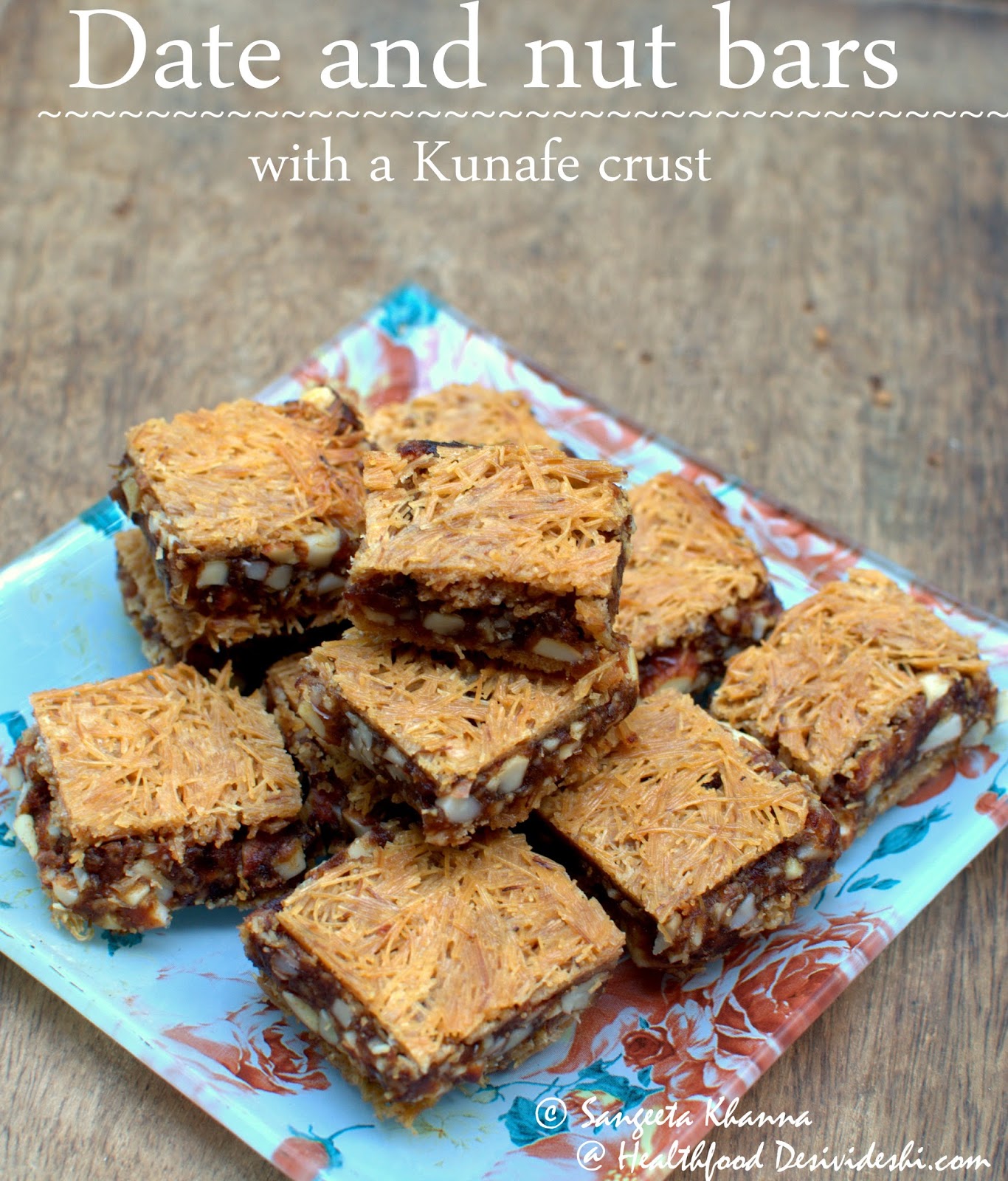 recipe of date and nut bars with kunafe crust no added sugar for a