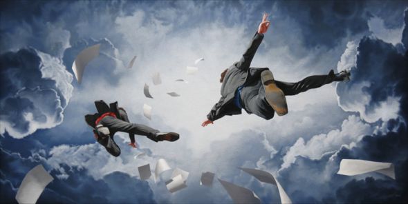 Joel Rea pintura hiper-realista surreal cães gigantes caindo céu Ambição direta Joel Rea pintura hiper-realista surreal cães gigantes caindo céu Ambição direta