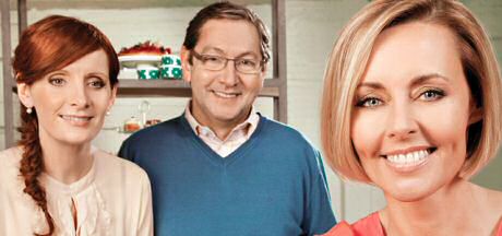 Gezichten uit De Meesterbakker: juryleden Sofie Dumont en Bernard Proot, rechts prezentatrice Rani De Conick