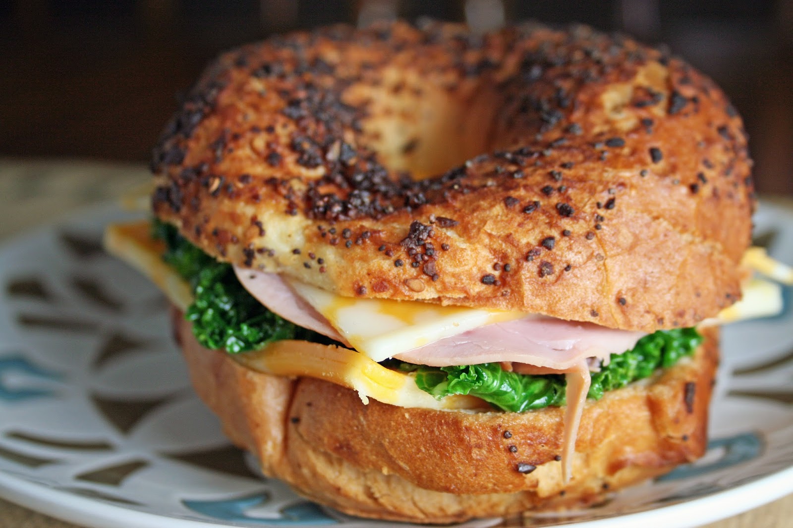 Lazy Gluten Free Grilled Ham and Cheese with Kale on Everything Bagels