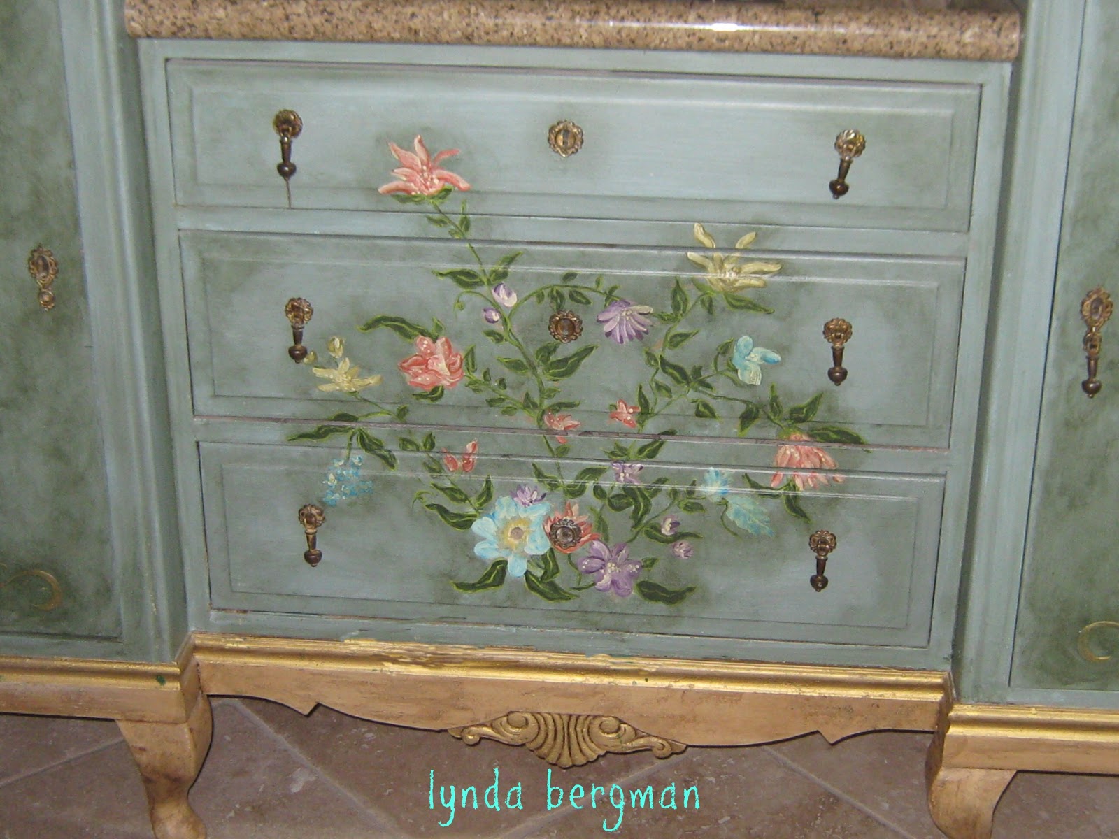 LYNDA BERGMAN DECORATIVE ARTISAN PAINTING FLOWERS ON AN OLD DRESSER TO