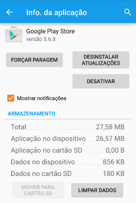 limpar cache e dados do Google Play Store