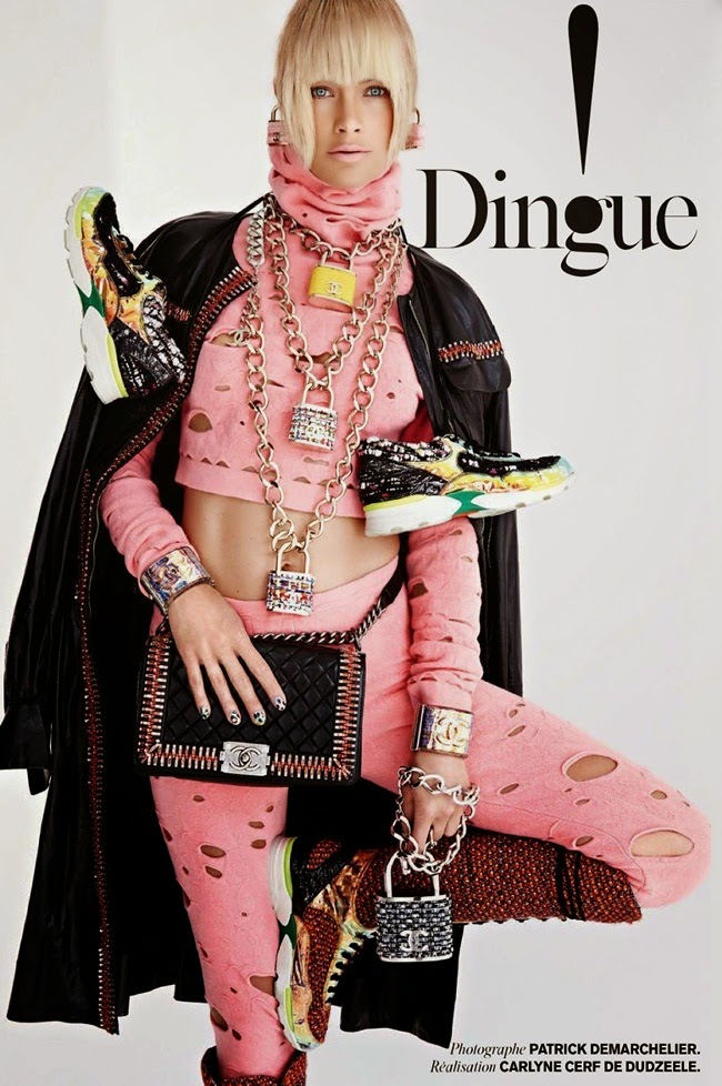 Vogue Paris August 2014, Carolyn Murphy Chanel 2014 AW Pink Cropped Top and Matching Leggings with Cutouts