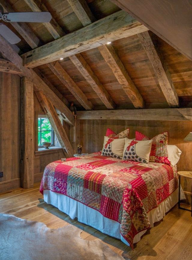 loft bedroom ideas:wooden rustic bedroom ceiling design and upholstered bed