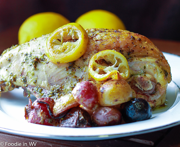 Click for recipe for Chicken Breasts with Parsley Caper Pesto and Ramp Oven Roasted Potatoes