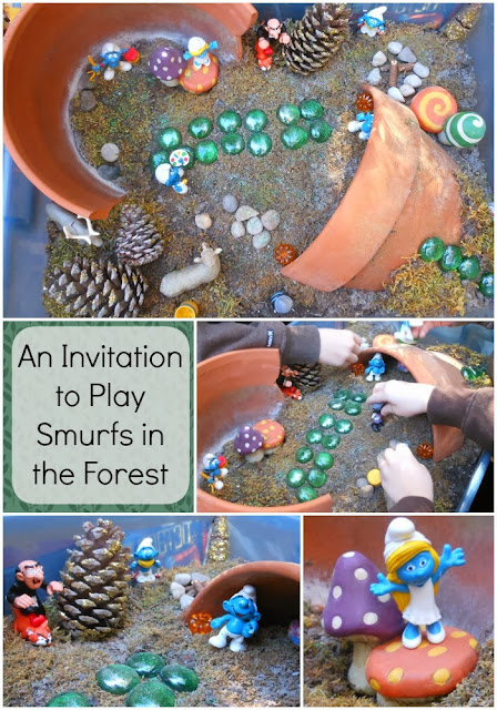 Small world play in the woods. The Smurfs are so fun in this fun invitation to play. 