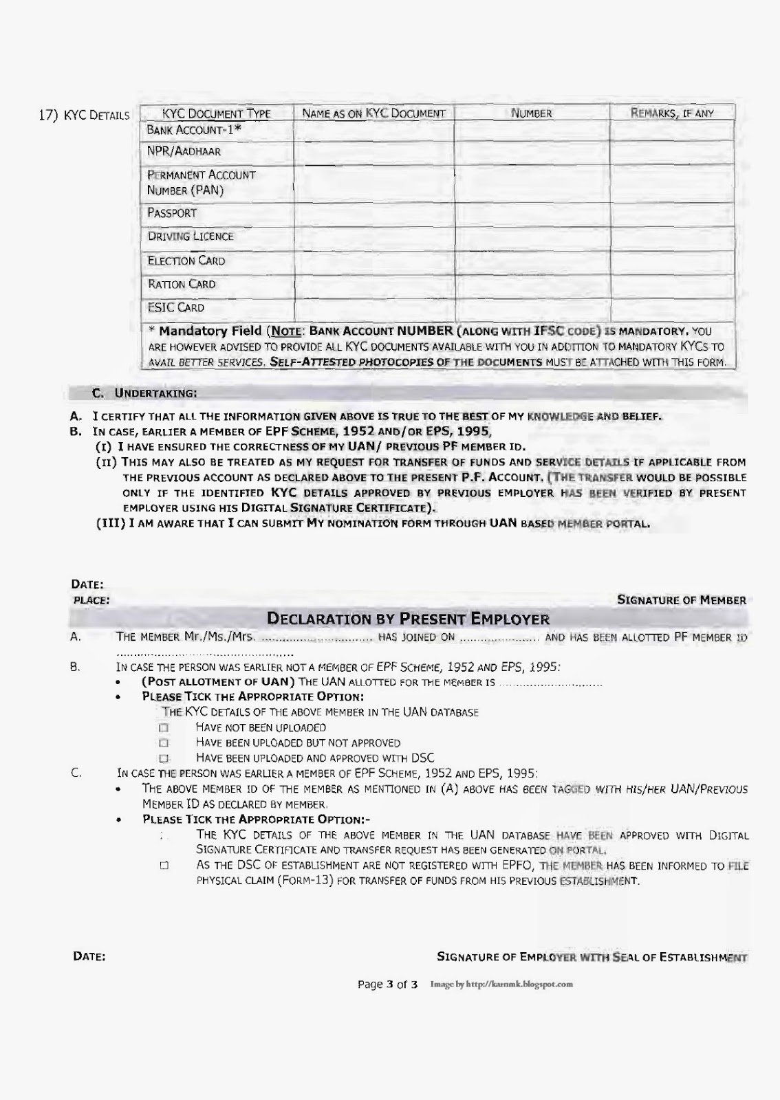 epfo introduction of declaration form form no 11 new central form 1995
