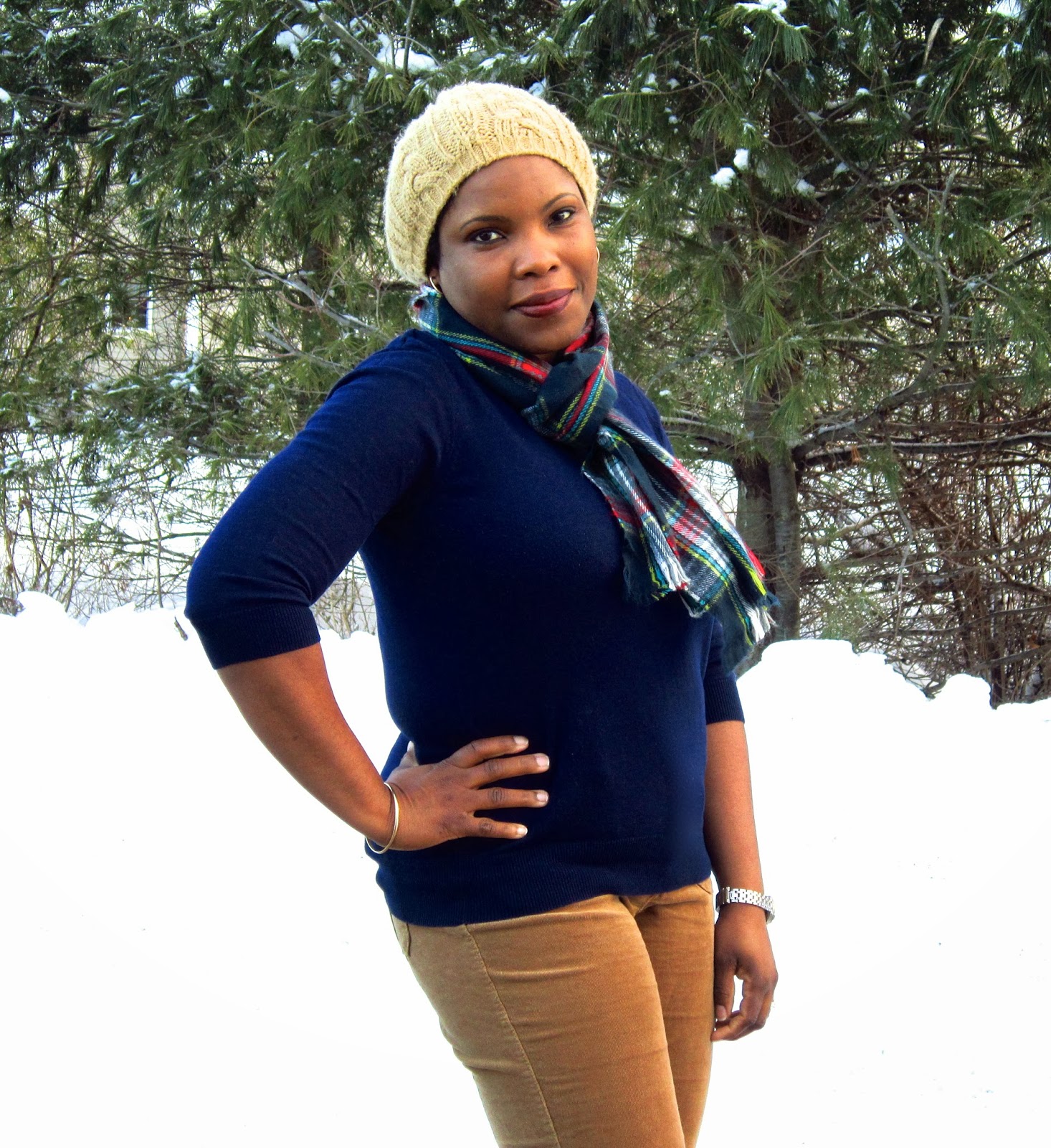 Brown with Navy, Knit hat, Plaid Scarf