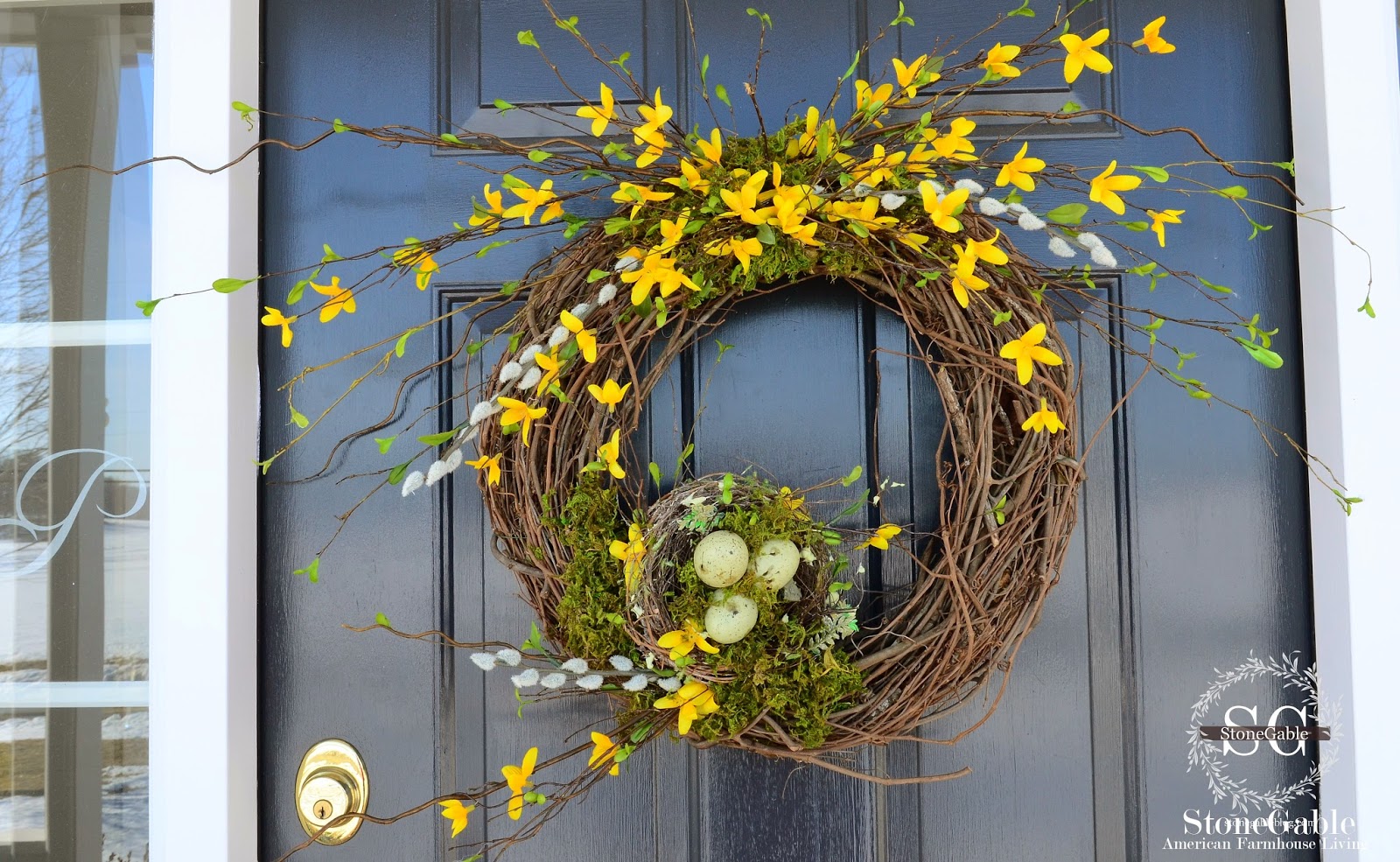 Forsythia Wreath Diy Stonegable Making Wreaths Is One Of My Favorite Things To Do Especially Spring Wreath I M Wondering If The Nest On This Will Keep Birds From Building