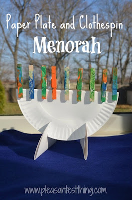 Paper Plate and Clothespins for Hanukkah via "The Pleasantest Thing" at PreK+K Sharing hanukkah craft