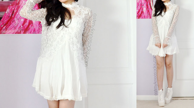 {Fashion Review} SheInside - Lace Shift Dress - Modeled For a romantic springtime look or a fun date, try matching a white lace shift dress, like this Free People dupe from SheInside, with a pair of rocking white booties and romantic curls.