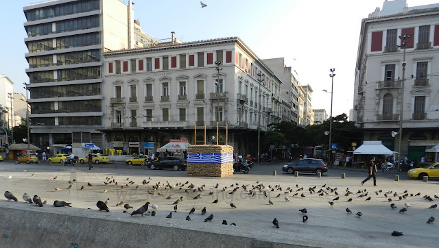 Pigeon covered square surrounded by busy streets and high buildings.