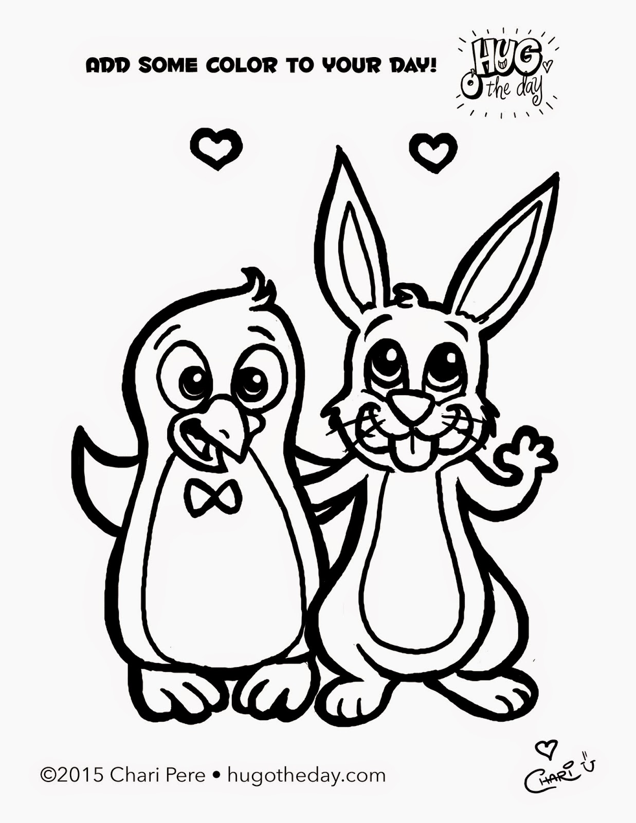 Hug O� The Day Penguin &amp; Bunny Hug + Coloring Page!