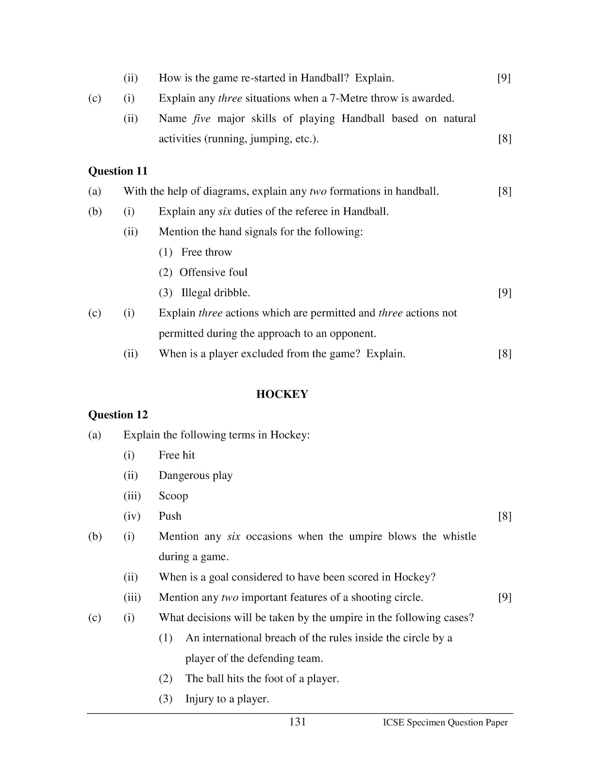 icse 2015 class 10th Physical Education board Specimen question paper icse 2015 class 10th Physical Education Specimen Board question paper